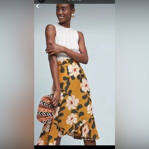 Anthropologie Eva Franco Ikebana Yellow Floral Midi Skirt Size 8